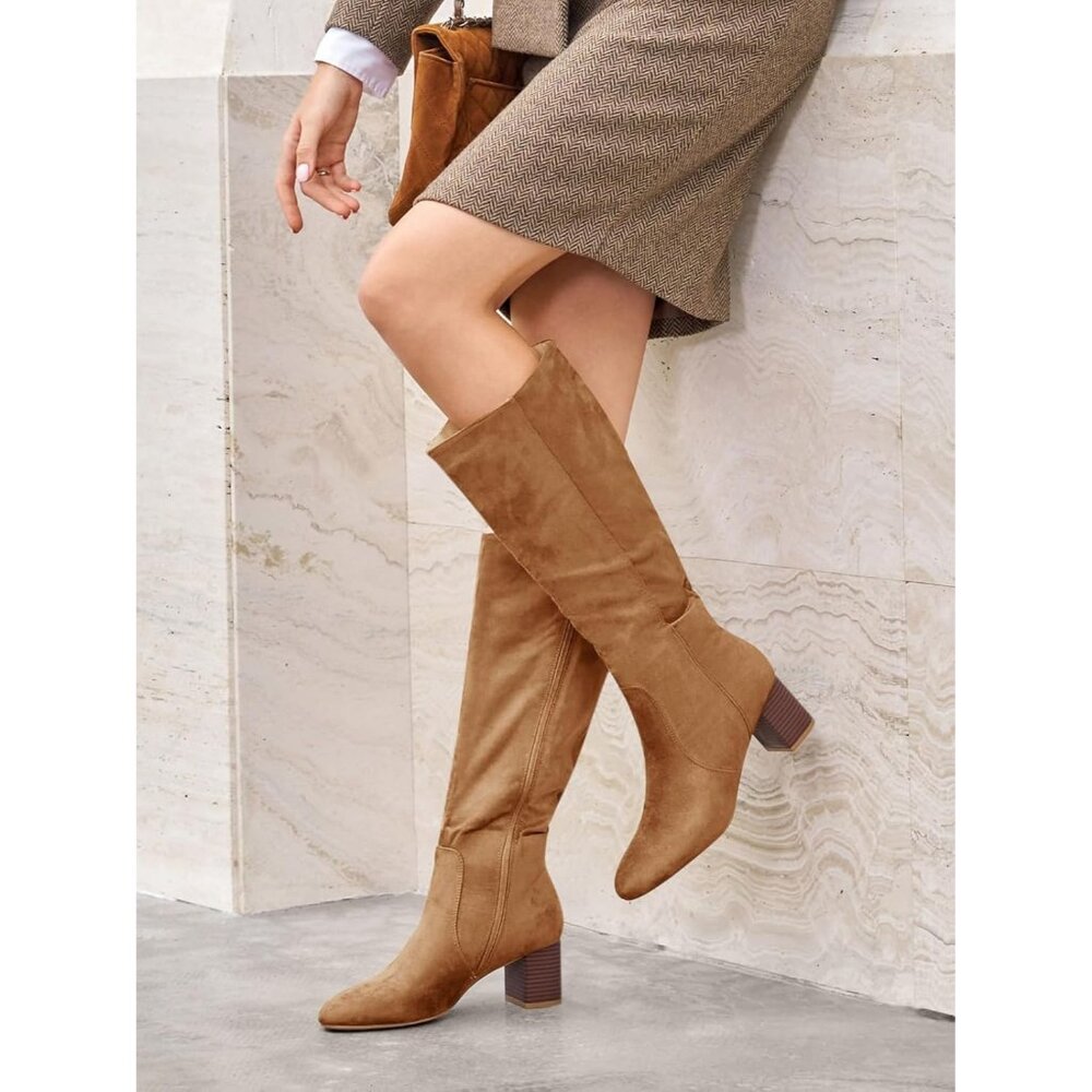 Women's Light Brown Chunky Heel Knee High Boots Suede Round Toe Fall Winter Tall - Picture 2 of 6